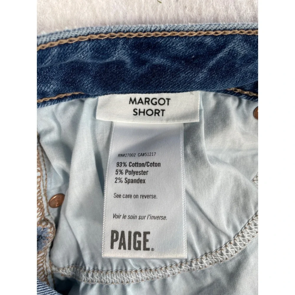 PAIGE Margot High Rise Denim Shorts Medium Wash Raw Hem Blue Size 31